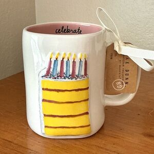 Rae Dunn Ceramic Mug ‘Celebrate’ Pink Interior and Yellow Cake Accent